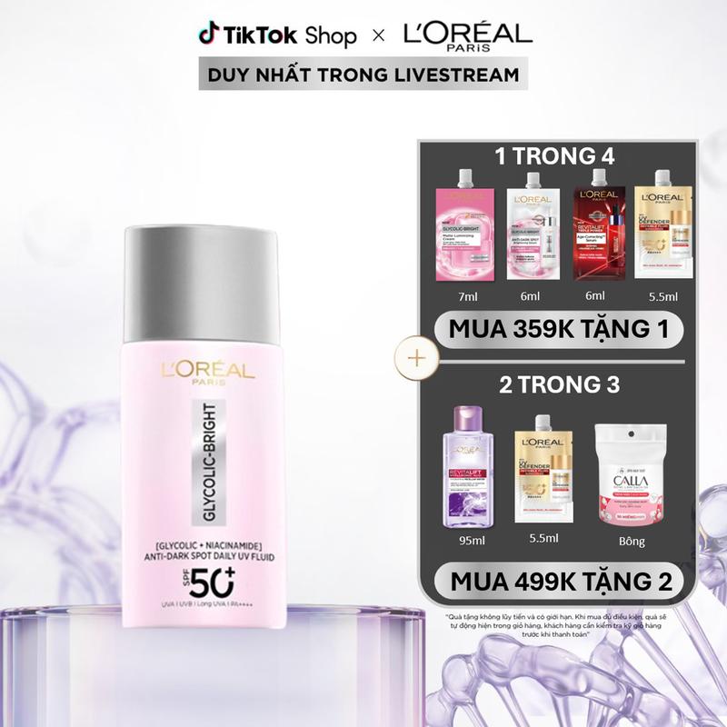 SỮA CHỐNG NẮNG PHỔ RỘNG MỎNG NHẸ BẢO VỆ DA VÀ DƯỠNG SÁNG GLYCOLIC BRIGHT L’ORÉAL PARIS 50ml SPF 50+ PA++++