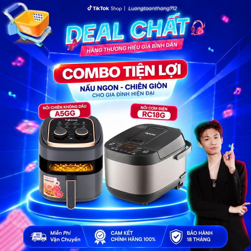 Combo Nồi Chiên Không Dầu FujiHOME A5GG + Nồi Cơm Điện FujiHOME RC18G – Bộ Đồ Gia Dụng Nhà Bếp Tiện Lợi