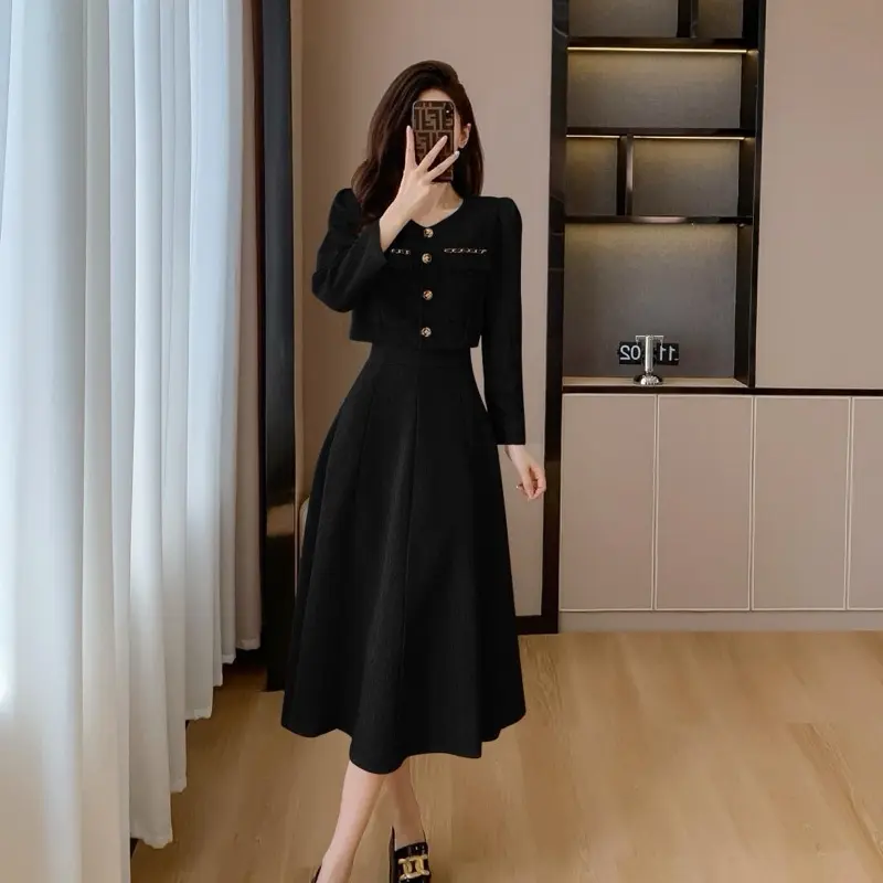 DOHEE TWEED ONE SET PREMIUM | SETELAN WANITA KOREAN STYLE LONGSLEEVE TOP AND MIDI SKIRT - OS381 2