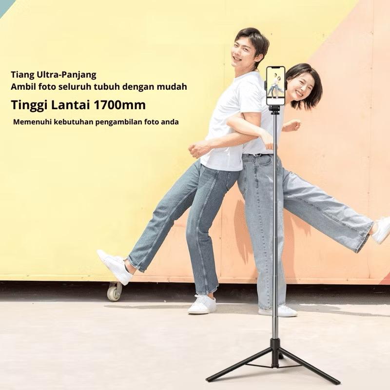 Tongsis Tripod 1,7 Meter Bluetooth + LED Light 360 derajat Alumunium Steel Stick Selfie Vlog Live