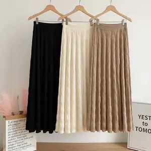 Rok Rajut Wanita Midi A-Line High Waist | Rok Rajut Korea Style Elegan Motif Timbul  Rok Payung 7/8 Midi