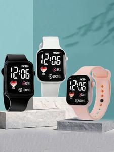 Set de 3 relojes rectangulares con patrón de corazón de silicona para mujeres y niñas, movimiento analógico-digital deportivo con correas de pulsera, regalo perfecto para uso diario, regreso a clases y cumpleaños