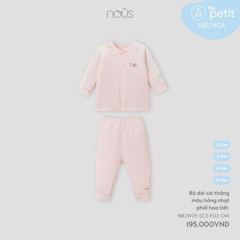 Bộ quần áo Nous dài tay cài thẳng màu hồng nhạt cho bé gái, vải peptit mềm mát cho bé sơ sinh