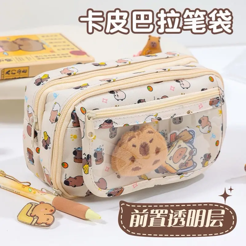[Tặng cục bông + sticker ] Hộp đựng bút capybara nhiều ngăn mặt trước trong suốt 3