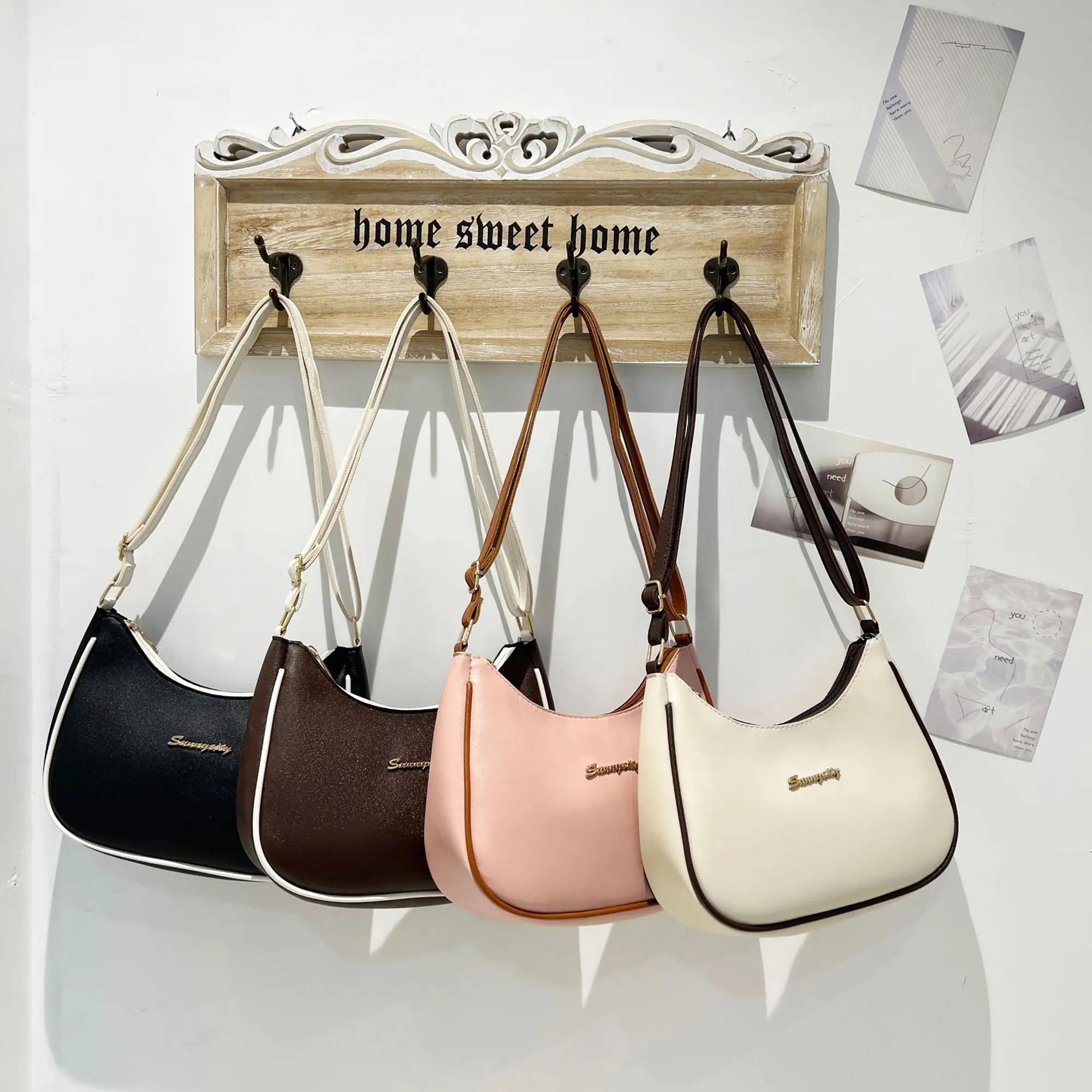 Simple and minimalist preppy letter color-block zipper armpit bag women's versatile small shoulder bag (coffee/white/pink/black)