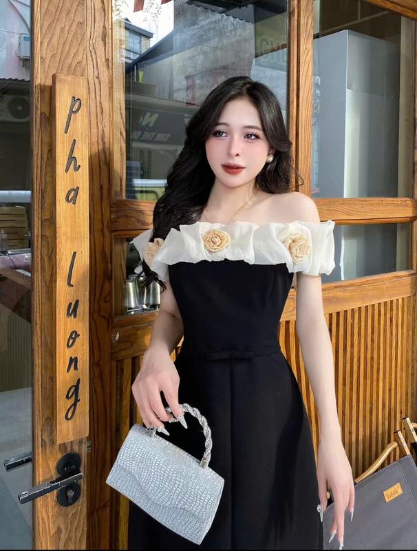 Đầm Dự Tiệc Trễ Vai Phối Voan Hoa Bigsize (58-90kg) Linhh Nguyen Bigsize