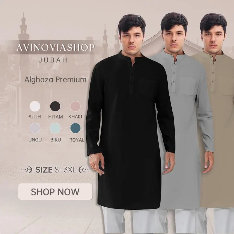 lengan panjang Pria Kaftan Gamis KancingBawah Cotton Thobe Kasual Sisi Split GaunKemeja Muslim Katun