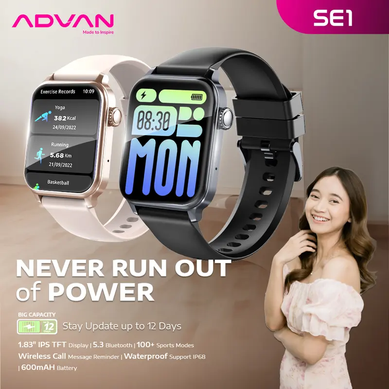 [Exclusive Vanda Rainy] ADVAN Smartwatch SE1 AI Voice Assistant IPS 1.83” Wireless Bluetooth Call Waterproof IP68 600mAh Standby Time up to 30 Days