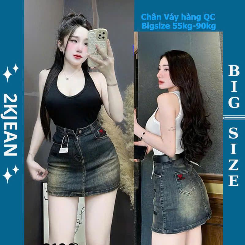 Chân váy jean nữ hàng QC thêu tim Bigsize 55kg-90kg túi kiểu form dáng a  thời trang bigsize 2Kjeans MS2100