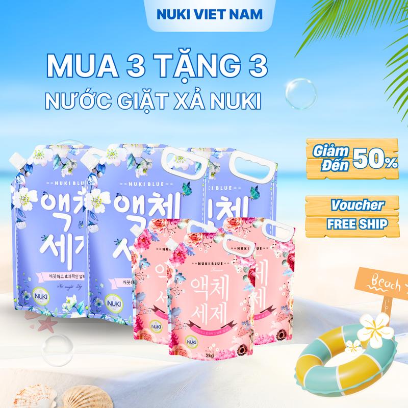 [MUA 3 LỚN TẶNG 3 mini     ]   Túi nước giặt Hàn Quốc Nuki Blue 2kg - Hương Thảo Mộc, Hương Ngàn Hoa, Lưu hương dịu nhẹ - Làm Sạch
