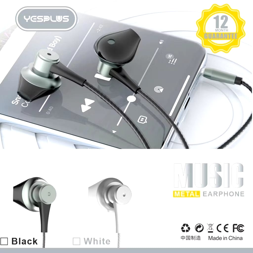 YESPLUS Headset/Handsfree  YS-145 Suara Stereo Earphone Berbahan Alluminium Alloy  Untuk Semua Handphone Aluminium Ponsel Telepon
