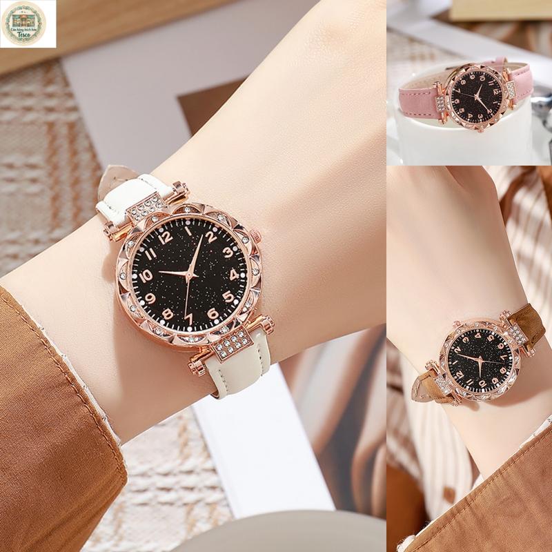 Đồng hồ nữ mặt số bầu trời sao - Vỏ vàng hồng đính kim cương, dây da mềm mại, thanh lịch và thời trang, phù hợp để đeo hàng ngày, dự tiệc và làm quà tặng.