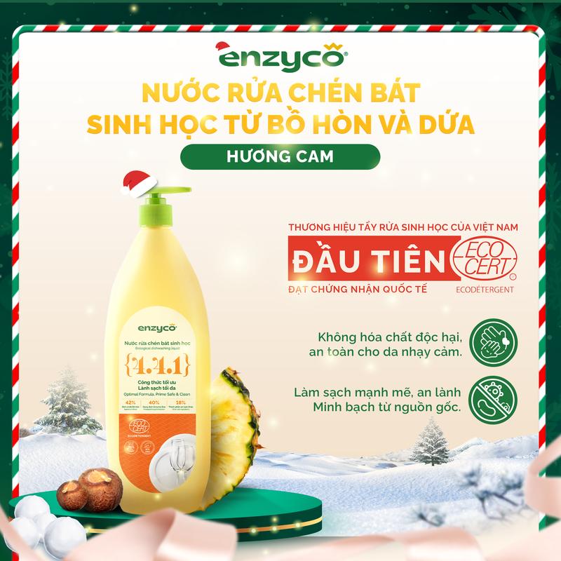 Nước rửa chén bát sinh học ENZYCO đạt Chứng nhận ECODETERGENT-ECOCERT từ Bồ Hòn và Dứa - Khử mùi tanh sạch dầu mỡ an toàn cho da nhạy cảm - Hương thơm từ Tinh Dầu Gừng Tinh dầu Cam Tự Nhiên 870ml