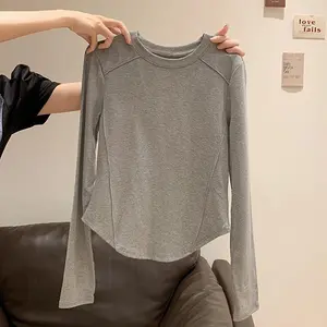 T-shirt Lengan Panjang Crew Neck Pola Tulang Ikan Abu-Abu Kaos Ootd Polos Wanita Kekinian