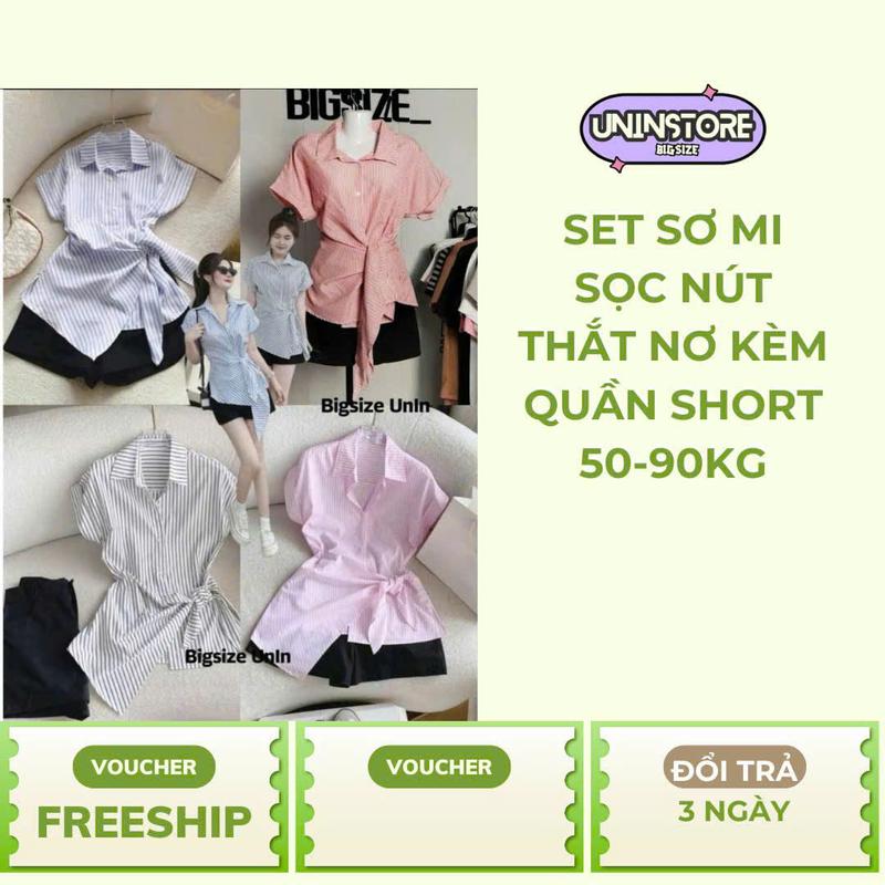 Set áo sơ mi sọc nút thắt nơ kèm quần short đen lưng thun form freesize - Un In Store Bs030 Nữ Women