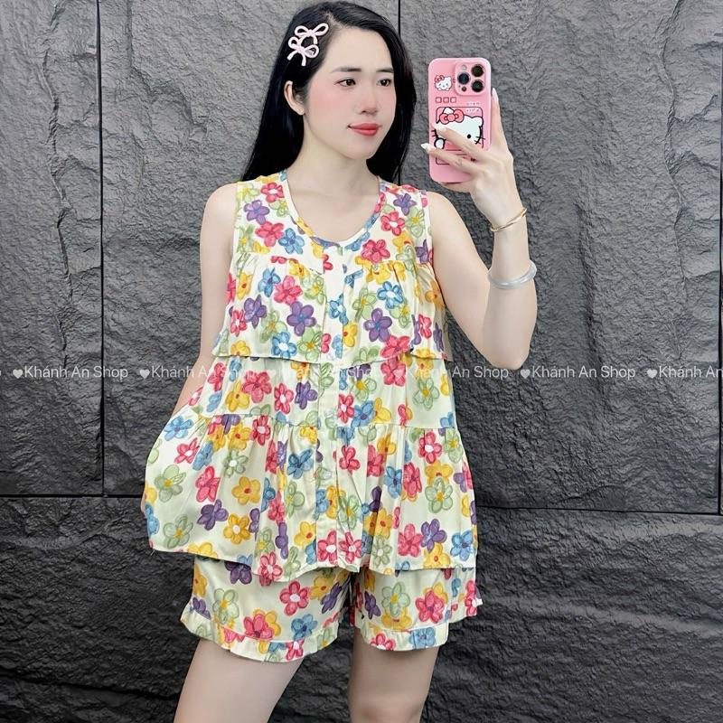 Sa.le 40-50kg KA116- Đồ Bộ Tole Lanh Nữ  Mặc Nhà Áo Sát Cánh Tầng Quần Đùi Size 40-80kg Hoạ Tiết Hoa Hình