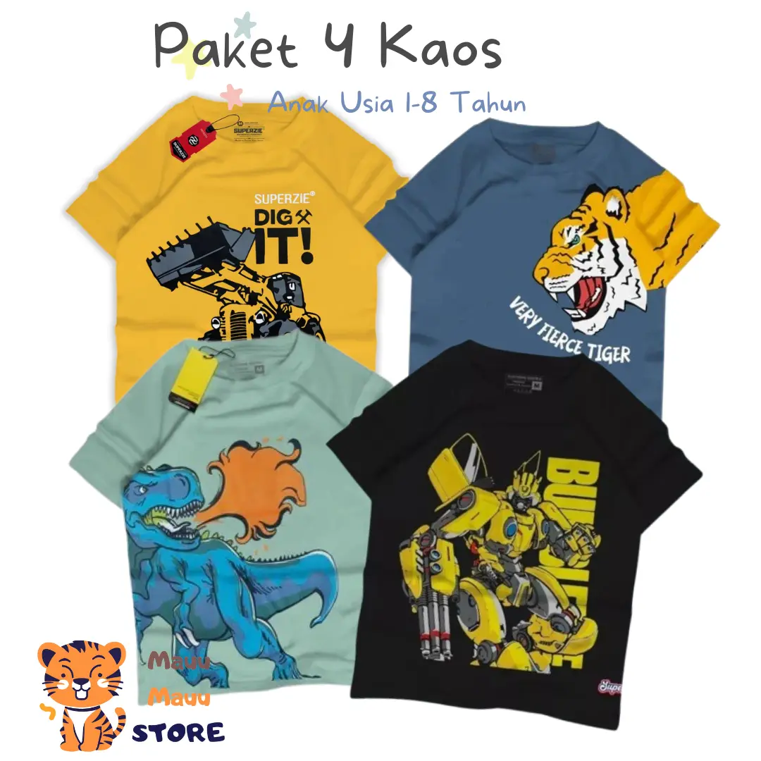 Maumau Kids Paket Hemat Kaos anak 4 pcs  usia 1-7 tahun size S M L XL