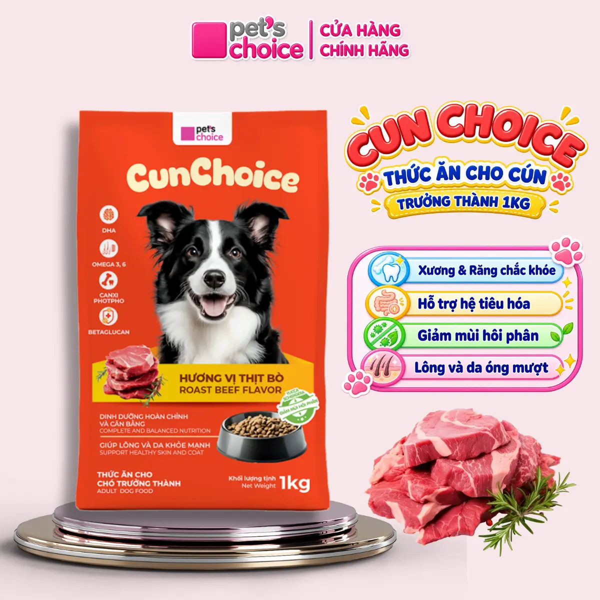 CUN CHOICE Thức ăn hạt cho chó trưởng thành Hương vị thịt bò 1kg
