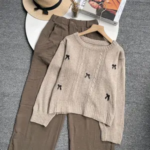 Vienetta.id - ONESET SETELAN WANITA CABLE RAJUT KOREAN STYLE MIX KULOT OUTFIT WANITA CEWEK REMAJA BAJU ATASAN PITA COQUETTE CELANA KULOT CRINKLE AIRFLOW BUAT HEALING PIKNIK JALAN HANGOUT KULIAH TERBARU KEKINIAN 2026 FIT XL CASUAL BASIC LENGAN PANJANG