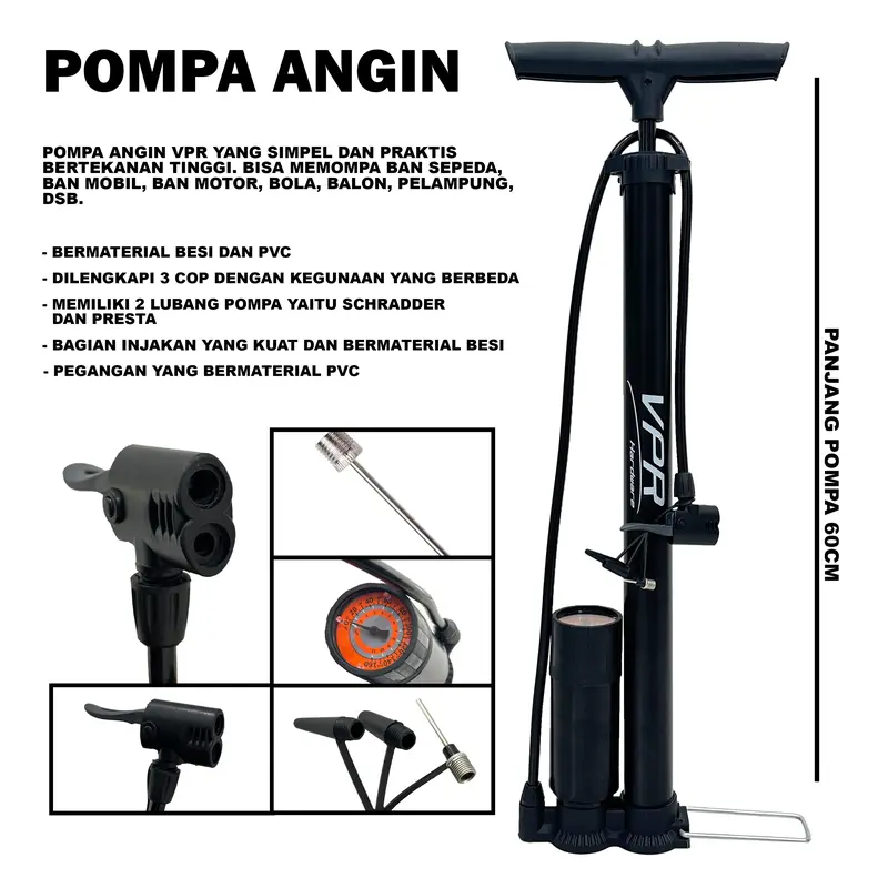 Pompa Angin Tangan VPR Pompa Angin Ban Sepeda dan Motor Kompa Speda Manual Dual Pentil Steel PVC - Pacific Aksesoris Sepeda Tinggi 40cm/60cm 2