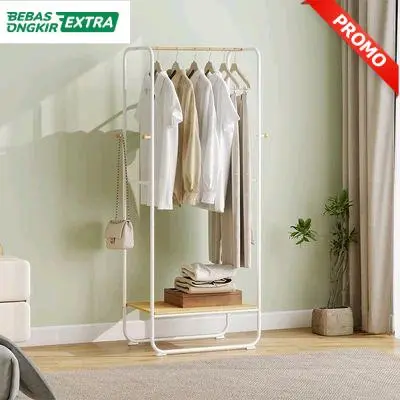 Rak Gantungan Pakaian Stainless Standing Single Dengan Ambalan Bambu Modern 74x40x160 cm - Putih/Cokelat ( Kualitas Tinggi )