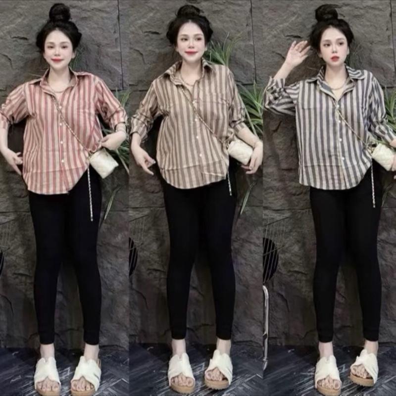Áo sơ mi dài tay kẻ sọc to dành cho nữ dưới 55kg mẫu hot 2025