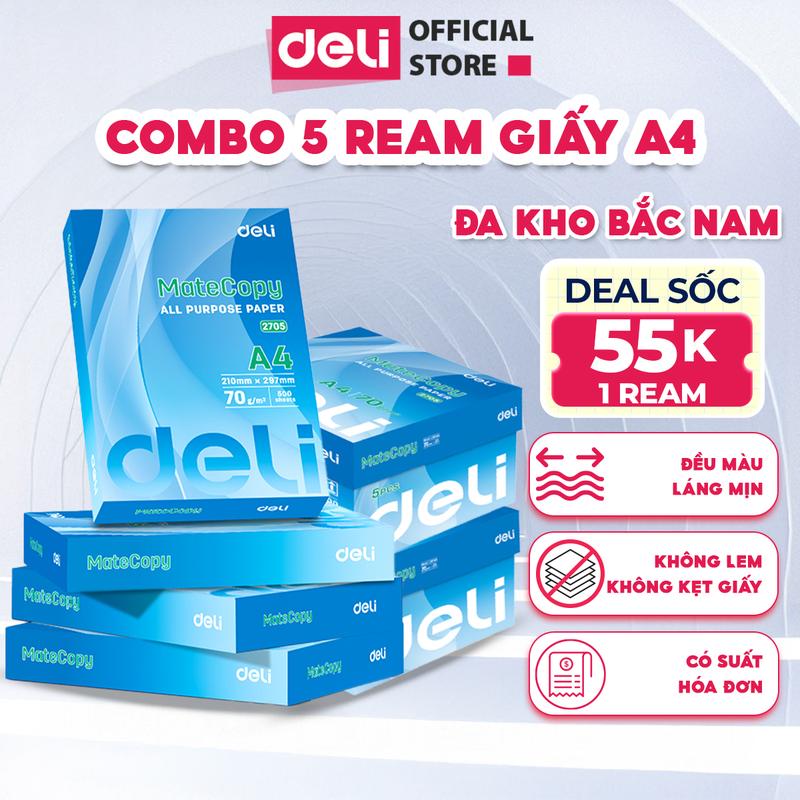 ĐA KHO Combo 5 ream giấy A4 Deli - 500 tờ ream giấy in giấy photo cao cấp chính hãng - Độ dày giấy tiêu chuẩn tránh kẹt trong máy in - In được 2 mặt vẽ viết,...