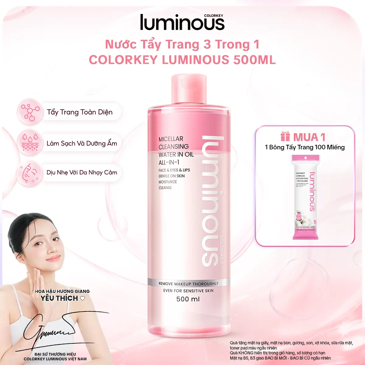 BIG SIZE Nước Tẩy Trang Colorkey Luminous Dịu Nhẹ Và Làm Sạch All-in-1 Micellar Cleansing Water In Oil