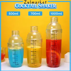 Cocktail Shaker Plastik PC Cobbler Cup dengan Saringan dan Skala Ukur 500ml 700ml 1000ml