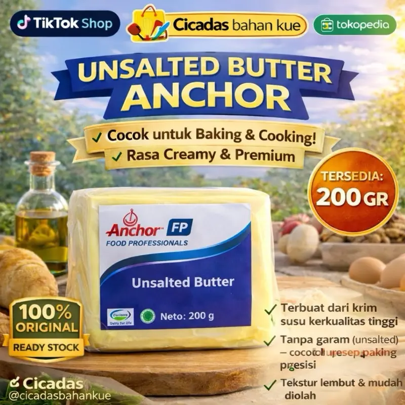 Anchor Unsalted Butter 200gr Kemasan Vakum - Cocok untuk Baking & Cooking Rasa Creamy & Premium