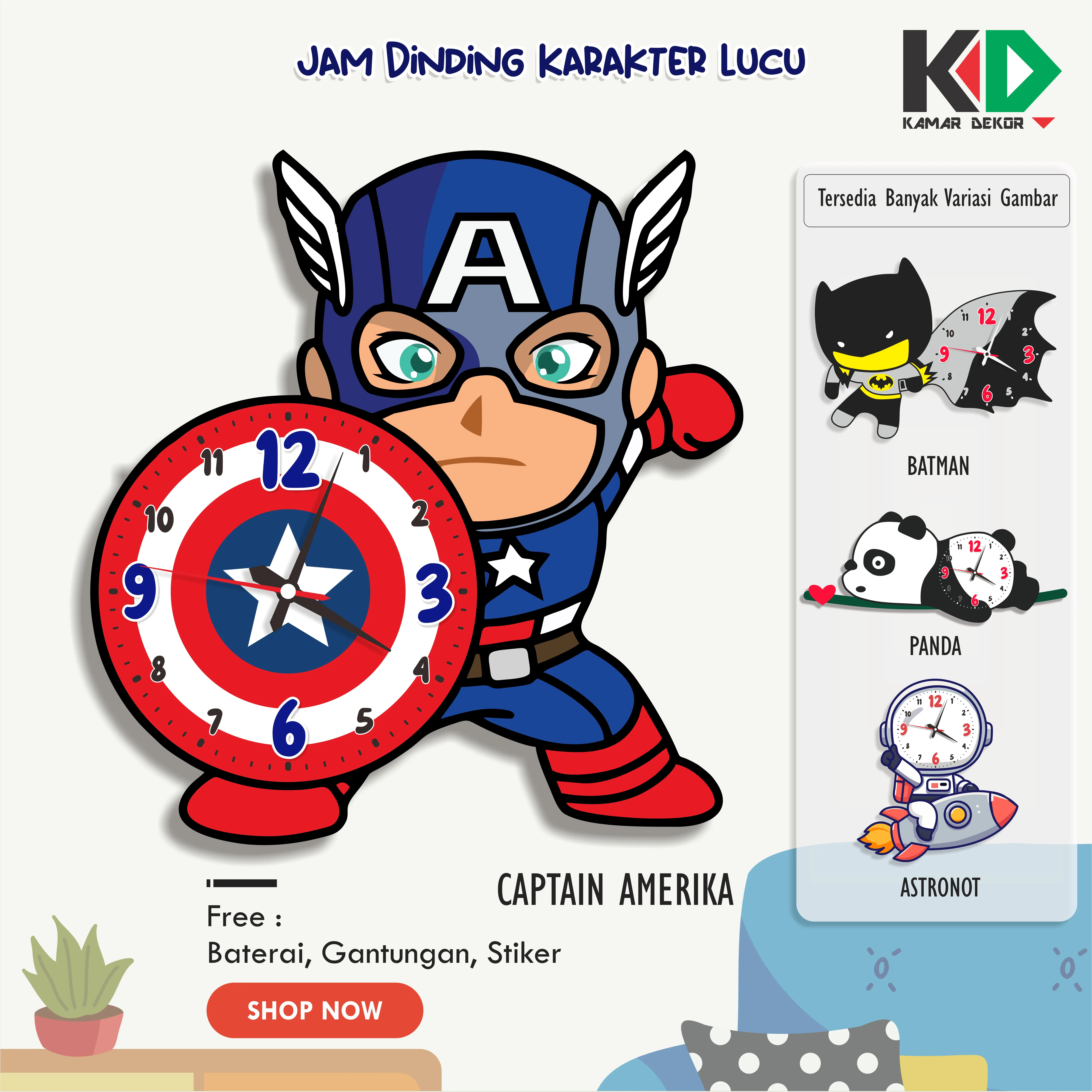 Jam Dinding Anak Captain America Super Hero Hiasan Pajangan Dekorasi Kamar Anak Jam SNI Motif Batik