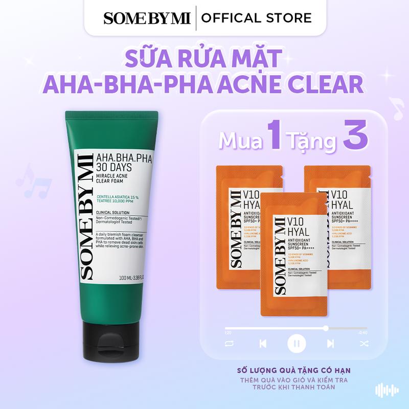 [QT 03 kem chống nắng V10 1.5g ] Some By Mi Sữa rửa mặt hỗ trợ giảm mụn làm sạch sâu AHA-BHA-PHA 30 Days Miracle Acne Clear Foam 100ml