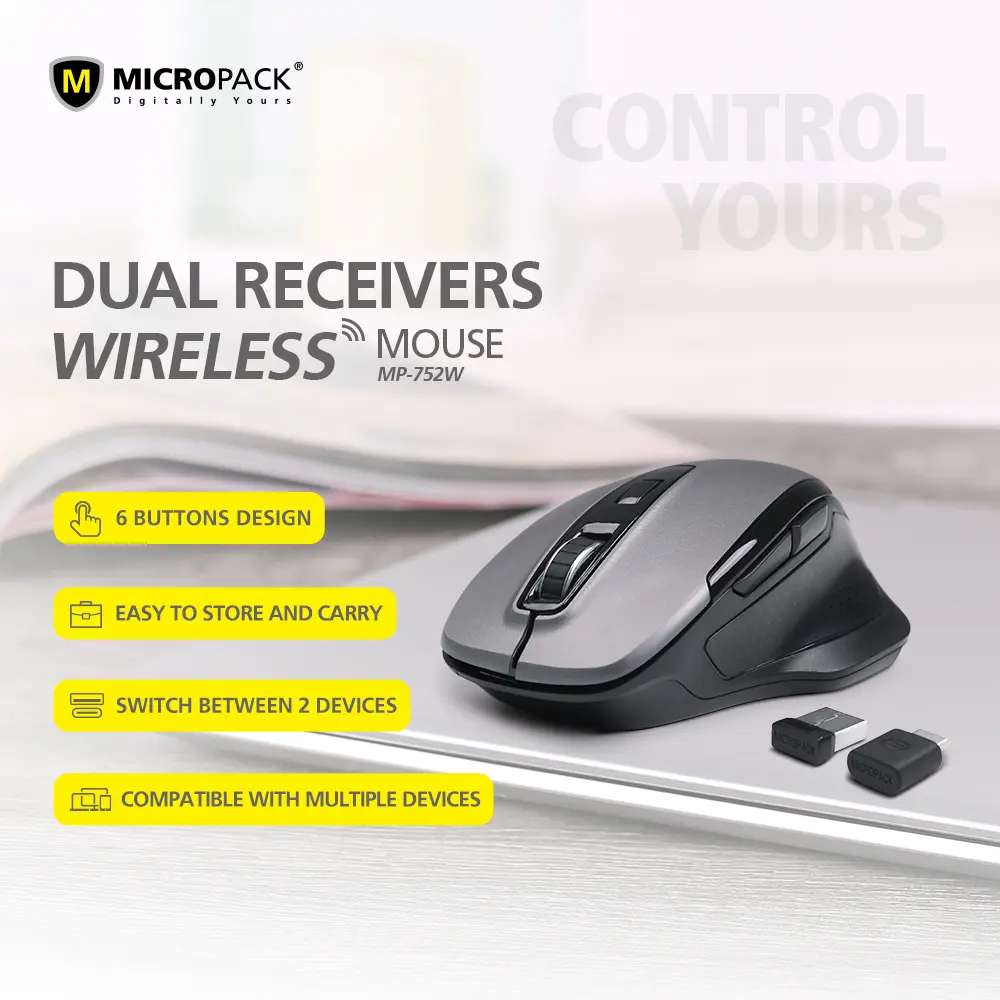 Dual Receivers Wireless Mouse Easy to store and carry  USB C + USB A . MP-752