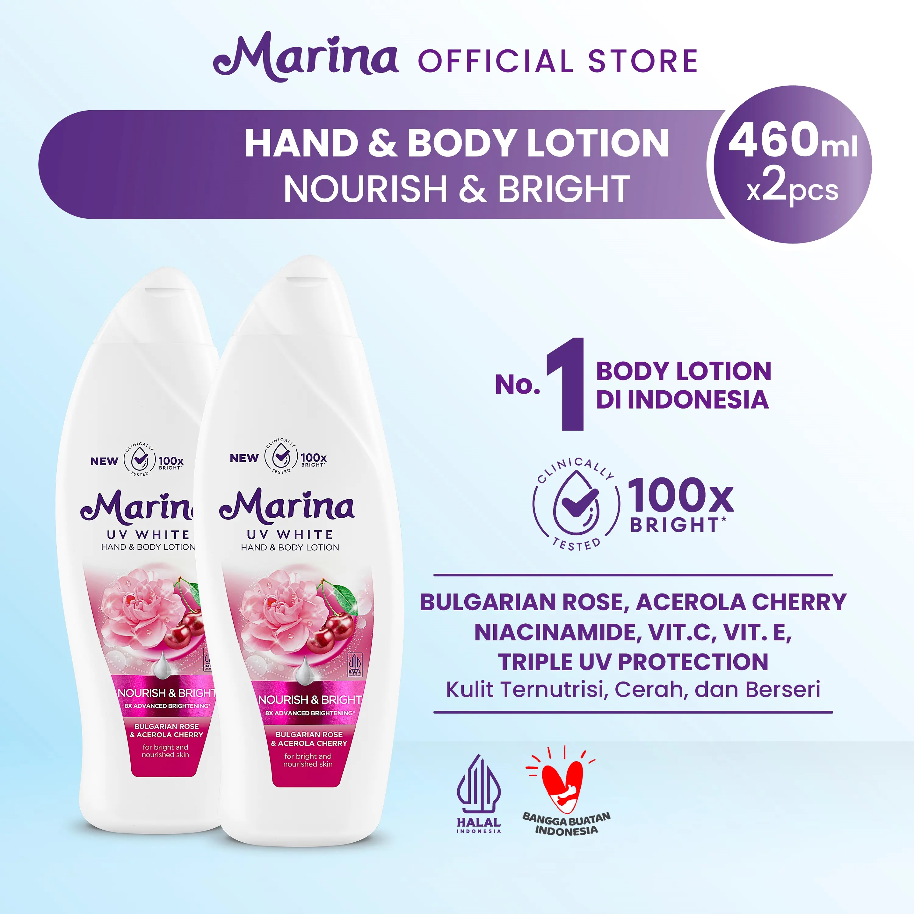 Twin Pack Marina Hand Body Lotion UV White 460ml - Nourish and Bright [2 pcs] - Exp : 11.2027 - Mencerahkan Kulit