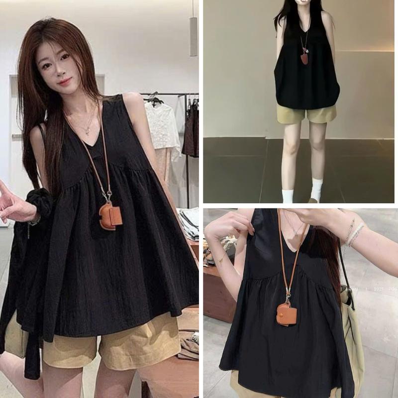 Set bộ nữ áo babydoll đen kèm quần sooc kaki mùa hè xinh