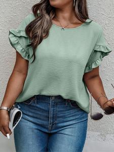 【Plus Size】 Solid Ruffle Trim Petal Sleeve Knit Top, Casual Short Sleeve Round Neck Top for Summer, Women's Plus Clothing for Daily Wear, Blouse