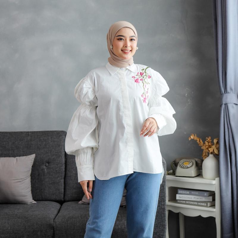 Puffy Blouse Bordir - Blouse Wanita Terbaru - Atasan Wanita Terkini - Kemeja Lengan Balon by EDek Baju Katun Basic embrodery Casual 1