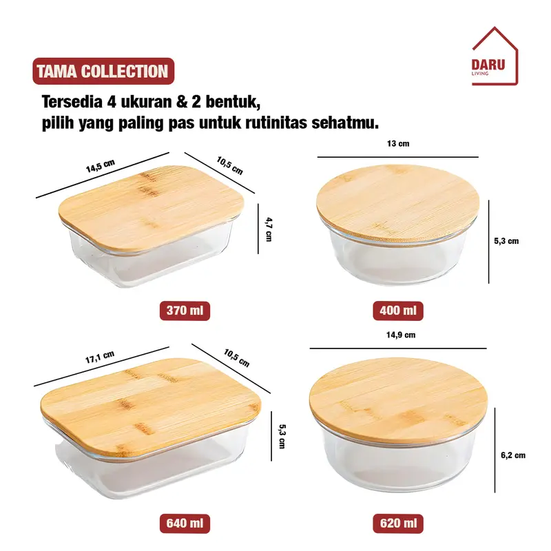 【DARU】TAMA - Food Container Bamboo Lid Cover / Lunchbox tutup kayu / Kotak Makan Kaca 1