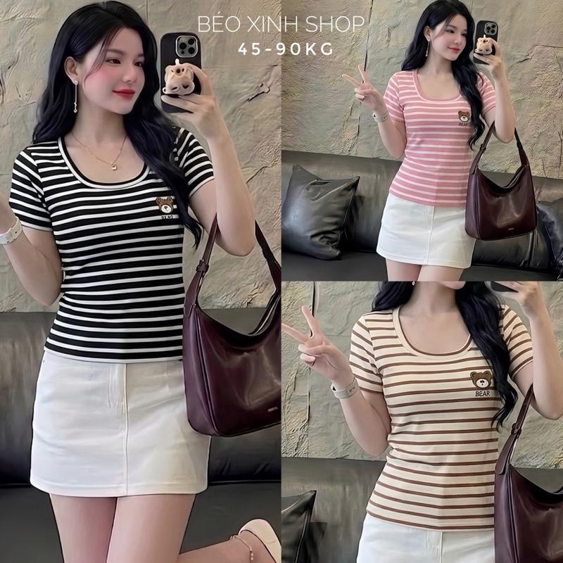 Bigsize Sài Gòn Áo Thun Nữ Cổ Vuông Vải Borit Sọc Thêu Gấu Cao Cấp Thanh Lịch Bigsize 40–90kg Dễ Thương Nữ Women Top Nhung - B.1759