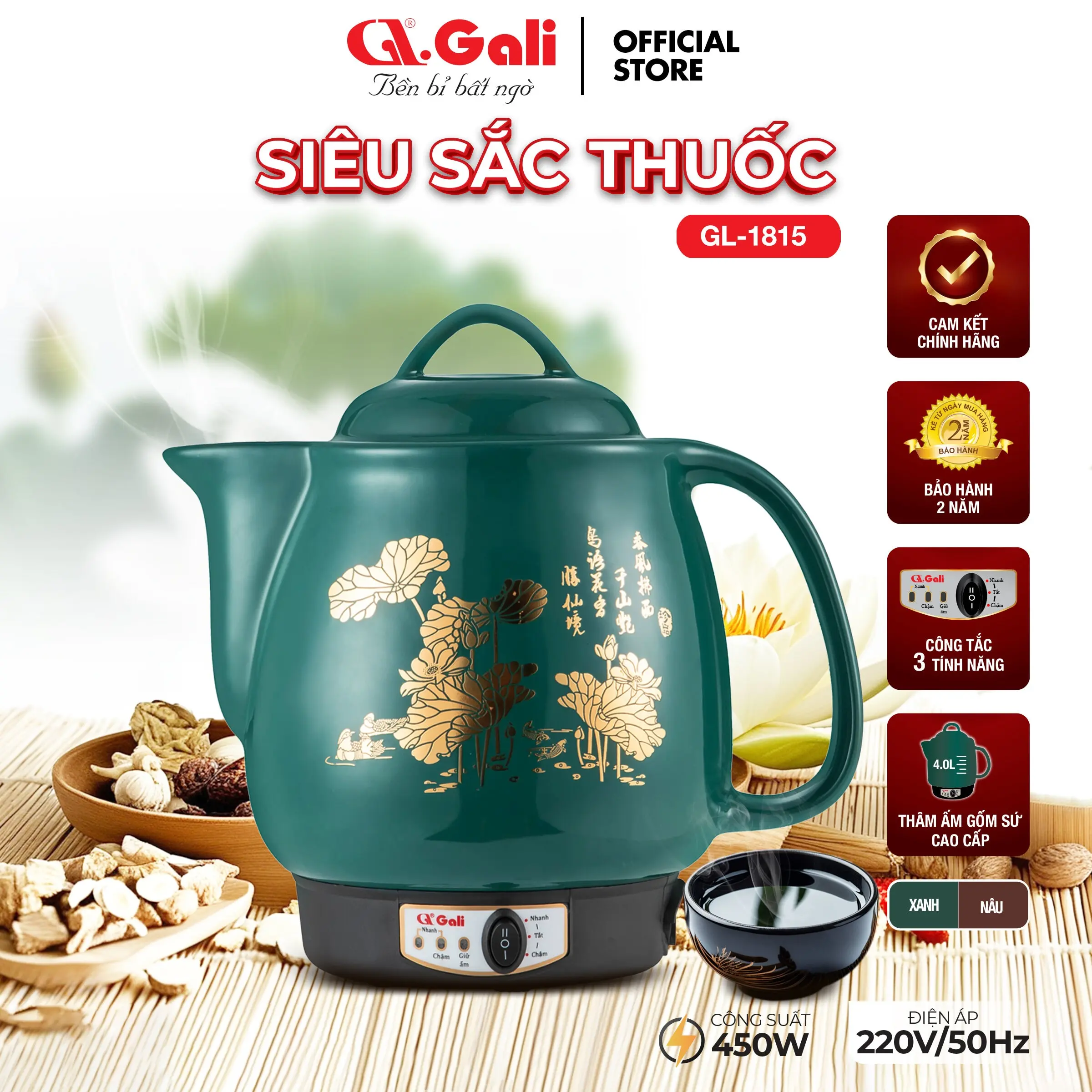 BÌNH SẮC THUỐC ĐIỆN GALI GL-1815 - 4 LÍT. SẮC THUỐC CHUẨN VỊ, NẤU TỰ ĐỘNG. BẢO HÀH CHÍNH HÃNG 24 THÁNG