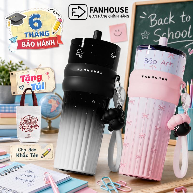 [Tặng Túi Canvas Khi Khắc Tên] Ly giữ nhiệt Candy Ceramic 710ml inox 316 phủ sứ ống hút linh động Fan House khắc tên theo yêu cầu