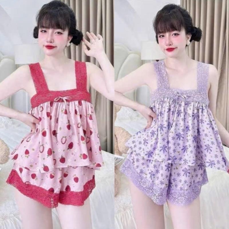  Bộ Ngủ Lụa Dây Bản Viền Ren in Họa tiết xinh  Freesize 40-60kg  