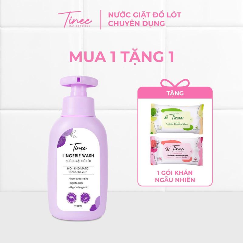 [MUA 1 TẶNG 1] Nước Giặt Đồ Lót Chuyên Dụng Tinee - Nano Bạc Hạn Chế Nấm Khuẩn (280ml/ chai) + Tặng 1 Khăn Ướt Vệ Sinh Phụ Nữ Ngẫu Nhiên (10tờ/1gói)