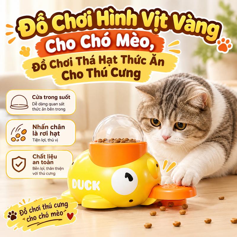 Đồ Chơi Hình Vịt Vàng Cho Chó Mèo, Đồ Chơi Thả Hạt Thức Ăn