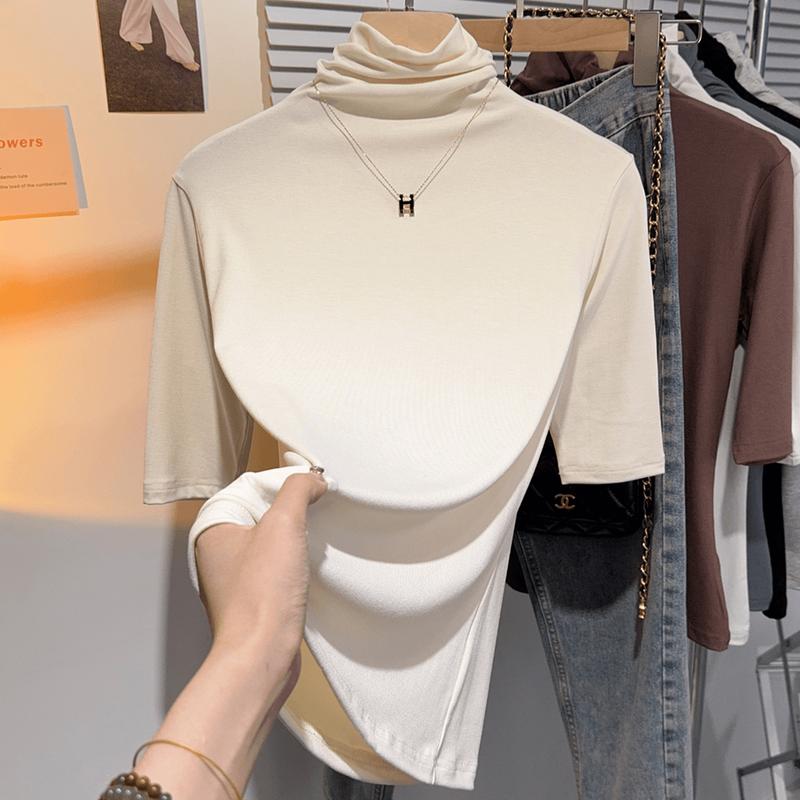 Product Introduction of Shoulder-length black half-high neck mid-sleeve t-shirt women's pre-fall 2024 undershirt with five-quarter sleeve top 6