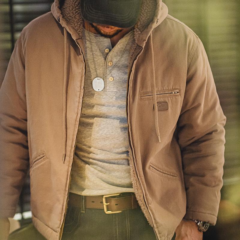 Áo khoác có mũ trùm đầu, Maden J141, Phong cách Cổ Điển Áo khoác đệm bông bằng vải Bố Lót len giả, Áo Khoác Ngoài lạnh có mũ trùm đầu, dành cho nam giới, Thích hợp cho mùa thu và mùa đông, TS2407237