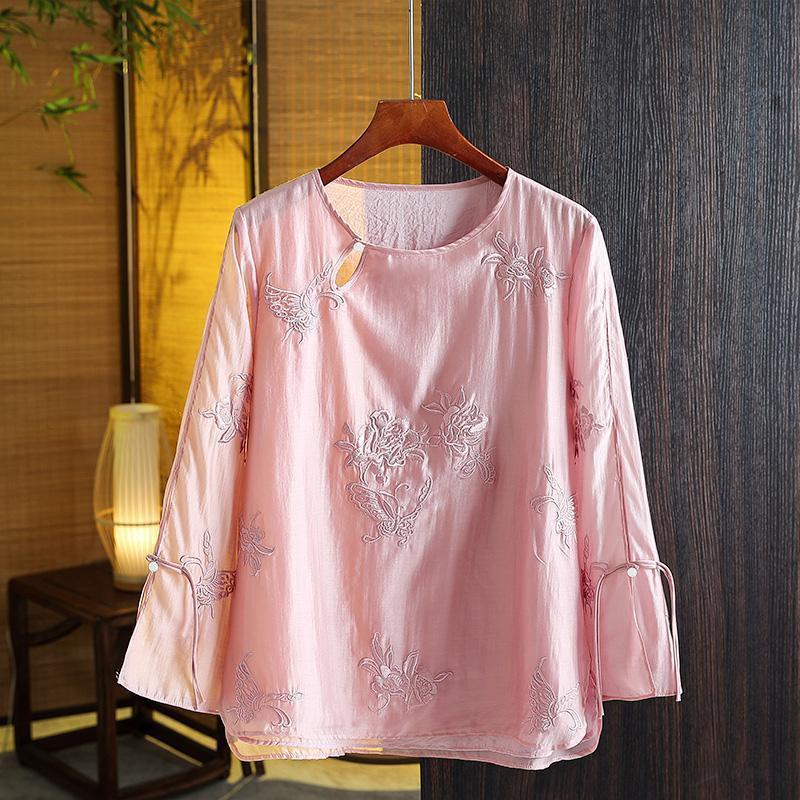 Áo thêu nữ kiểu sườn xám cách tân tay dài phong cách cổ điển thời trang áo sơ mi chiffon nữ thần thiết kế lấy cảm hứng từ sườn xám truyền thống