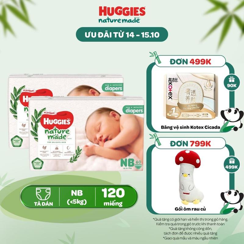 Combo 2 Tã/Bỉm dán sơ sinh Huggies Platinum NatureMade Size NB60/S82/M64/L54/XL44