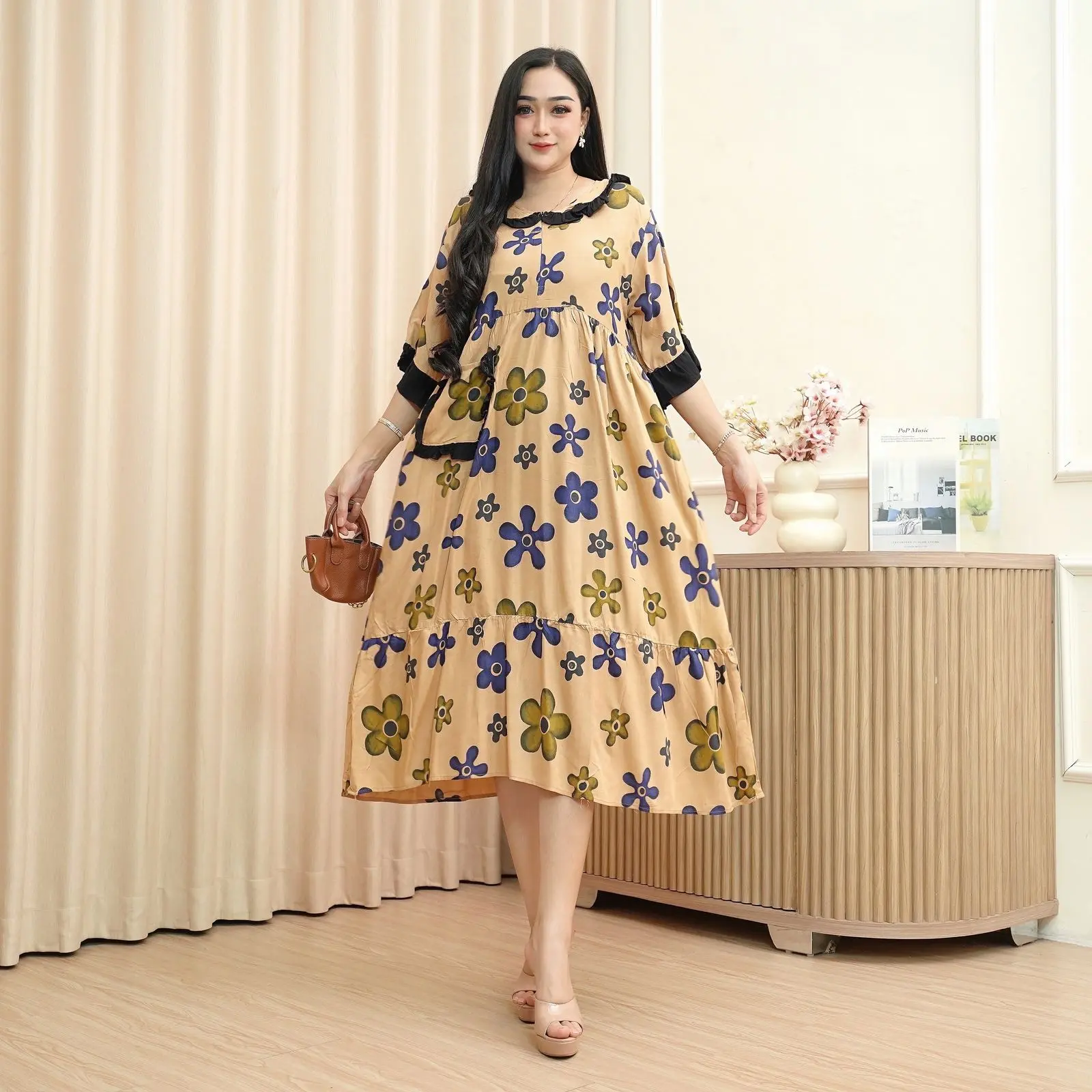 Dress Susun LAYLA Rayon Zipper Depan Remaja Kekinian Wanita Casual Motif Pendek Baju Midi Panjang - Katun