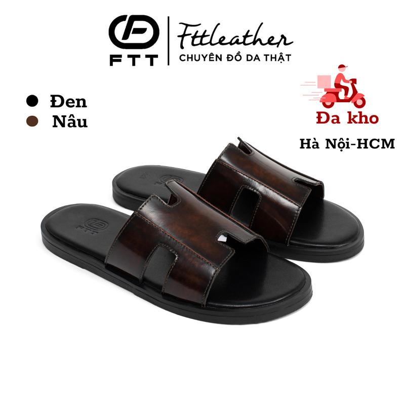 Dép chữ H nam Fttleather da bò thật quai ngang dáng trơn đế phíp gỗ cao cấp bền nhẹ độ bám tốt D012